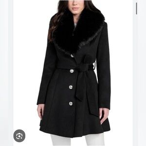 Guess Women's Belted Button-Front Coat w/ Removable Faux-Fur-Collar size S NWT